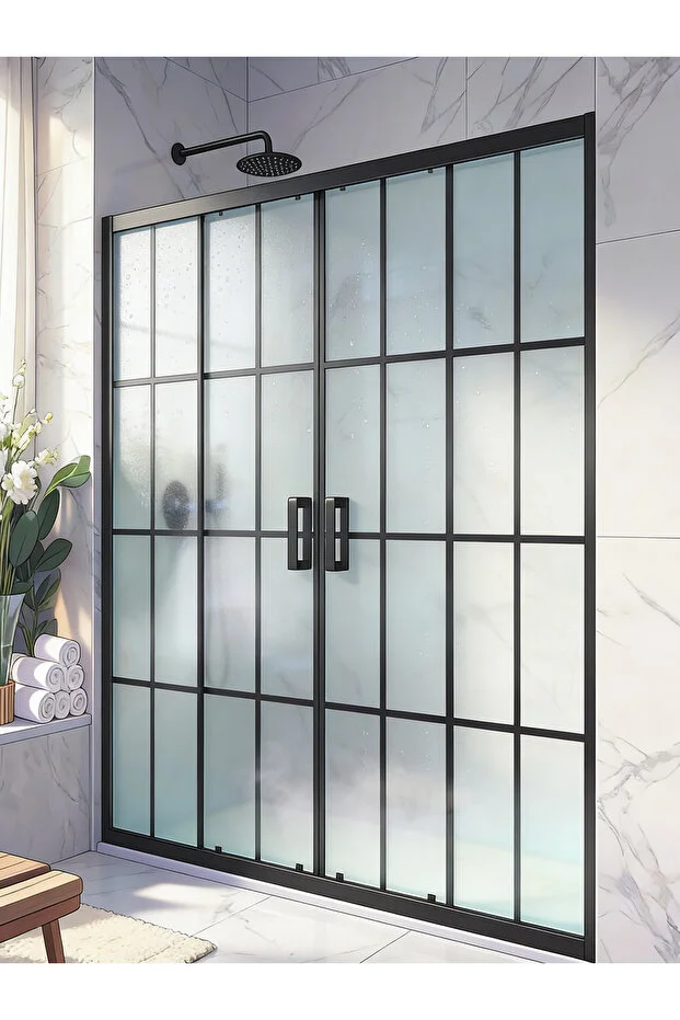 Duşakabin Ön Cephe 5mm Siyah Çizgi Komple Buzlu Yükseklik 190cm